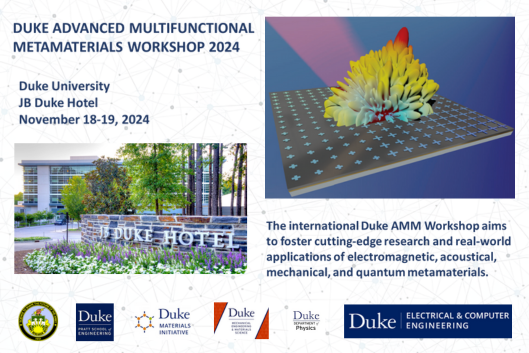 Metamaterials workshop location image of JB Duke, various sponsors, and an image of research materials